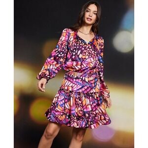 Skies Are Blue Butterfly Print Ruffle Mini Dress Long Sleeve Keyhole Tie New XS‎